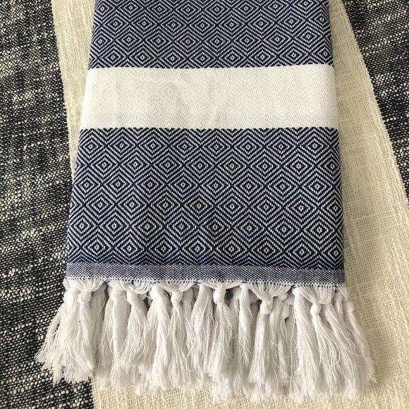 Trina Turk Fringe Throw Blanket Navy Blue White - Picture 4 of 6
